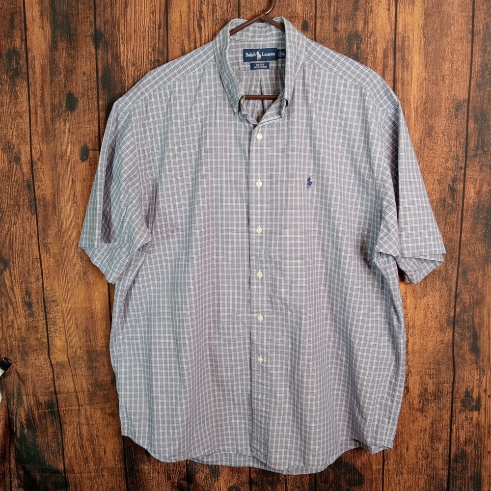 Ralph Lauren Blake Mens XL Blue White Plaid Cotton Short Sleeve Button Down
